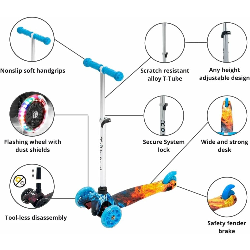 ROFFT - Kick Scooter, Lean-to-Steer LED 3 Wheel, Kids Ages 3-5, Graffiti Fire