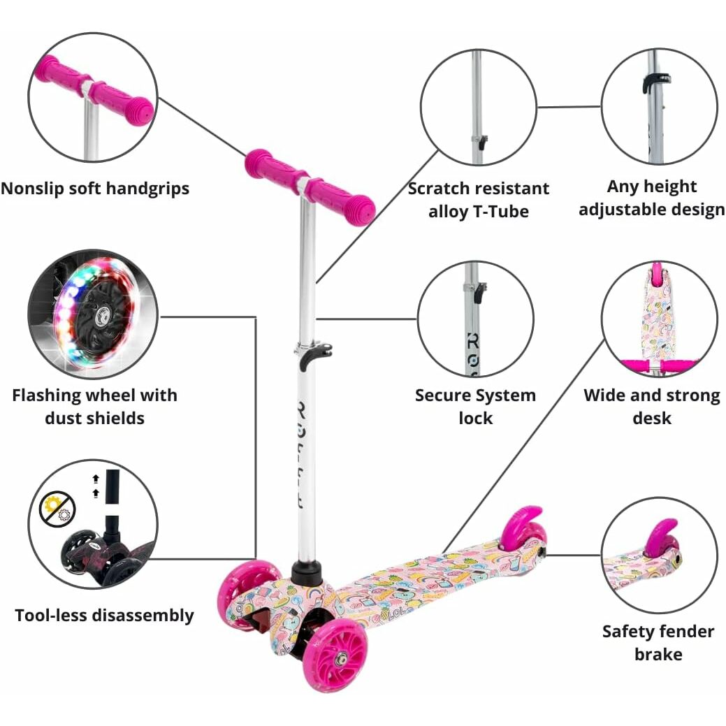 ROFFT - Kick Scooter, Lean-to-Steer LED 3 Wheel, Kids Ages 3-5 Graffiti Pink
