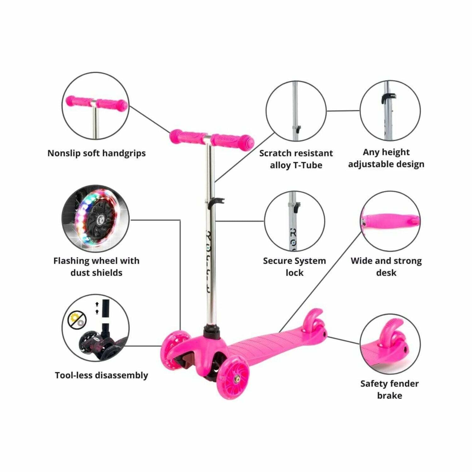 ROFFT - Kick Scooter, Lean-to-Steer LED 3 Wheel, Kids Ages 3-5 Pink