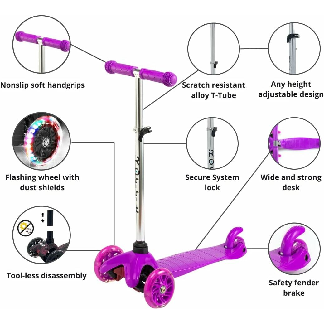 ROFFT - Kick Scooter, Lean-to-Steer LED 3 Wheel, Kids Ages 3-5 Purple