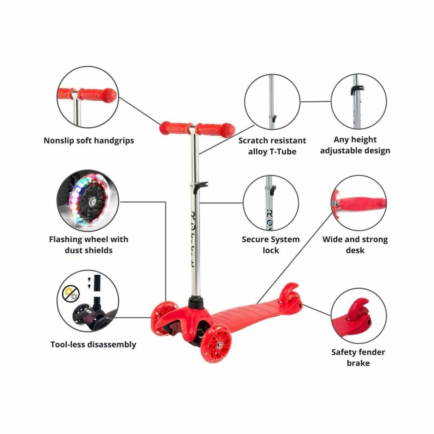 ROFFT - Kick Scooter, Lean-to-Steer LED 3 Wheel, Kids Ages 3-5 Red