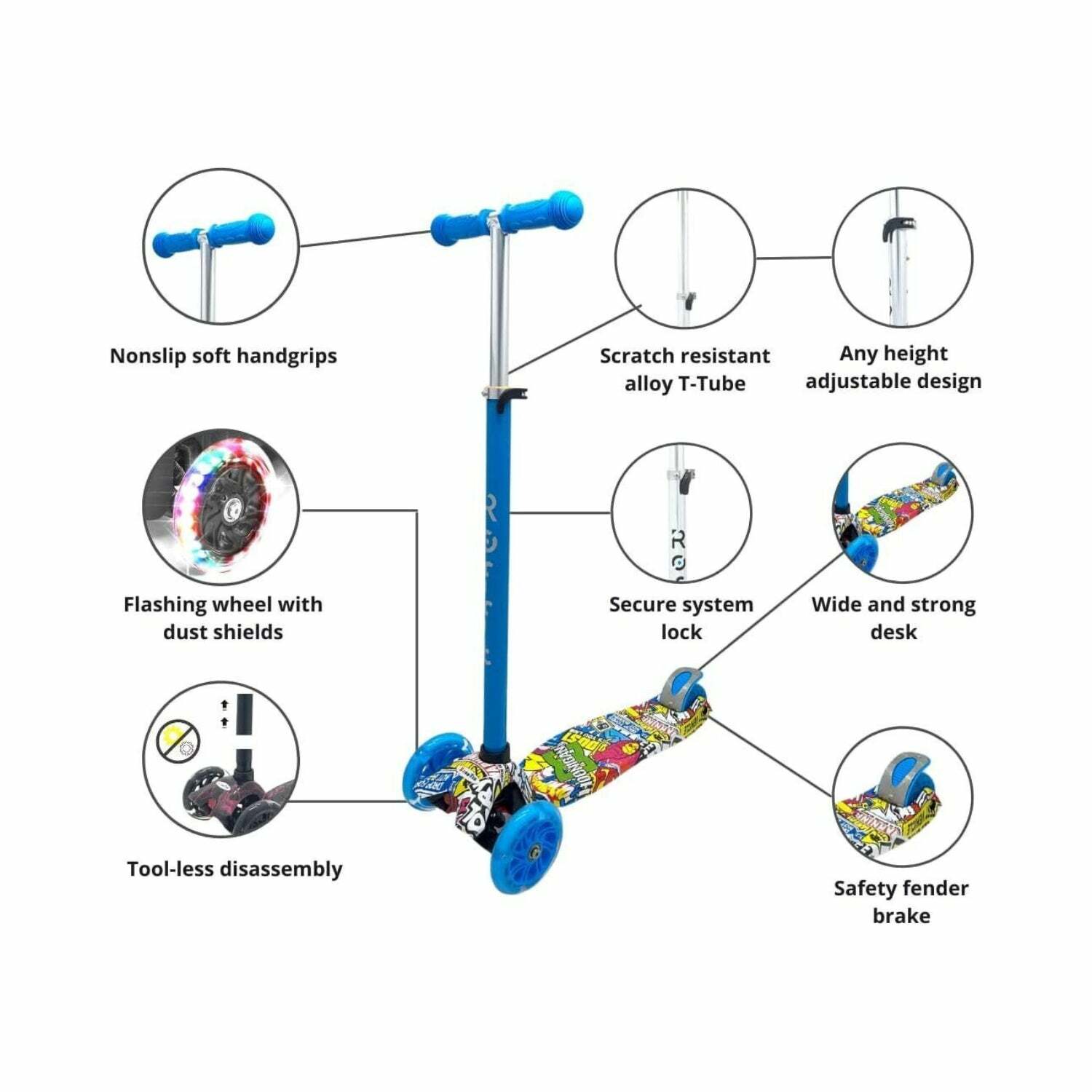 ROFFT - Kick Scooter Maxi, 3 Wheel, Lean-to-Steer, LED, Kids Ages 6-12 Graffiti Blue