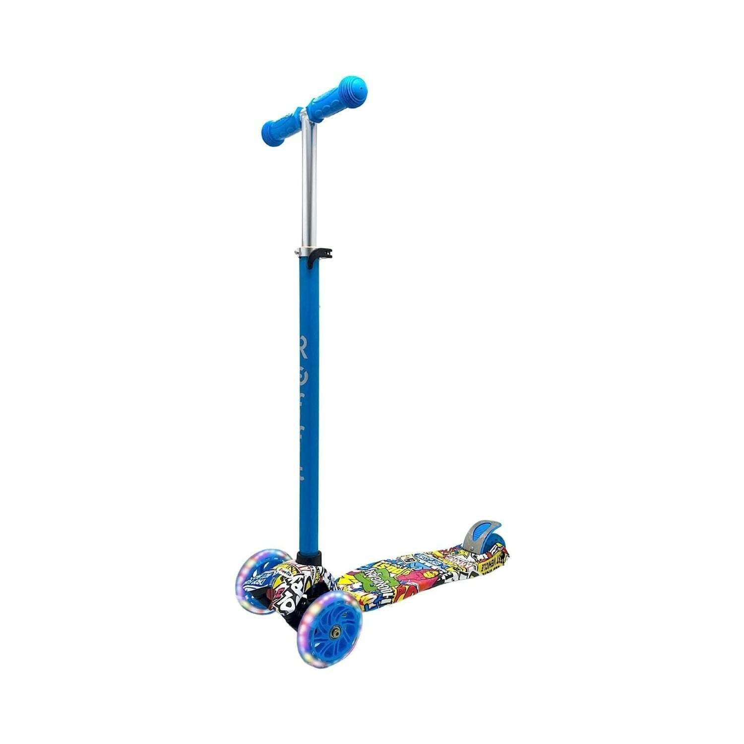 ROFFT - Kick Scooter Maxi, 3 Wheel, Lean-to-Steer, LED, Kids Ages 6-12 Graffiti Blue