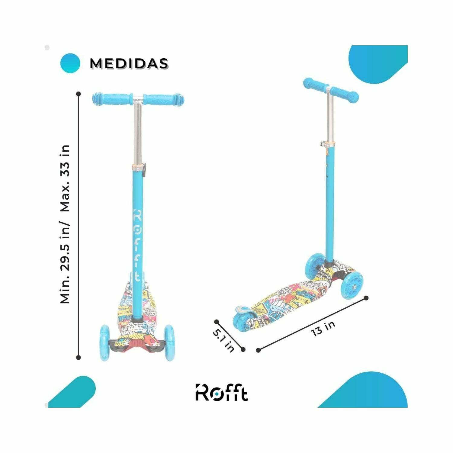 ROFFT - Kick Scooter Maxi, 3 Wheel, Lean-to-Steer, LED, Kids Ages 6-12 Graffiti Blue