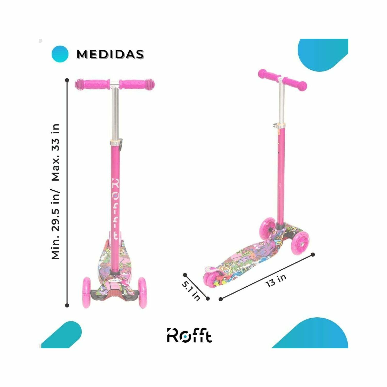 ROFFT - Kick Scooter Maxi, 3 Wheel, Lean-to-Steer, LED, Kids Ages 6-12 Graffiti Pink