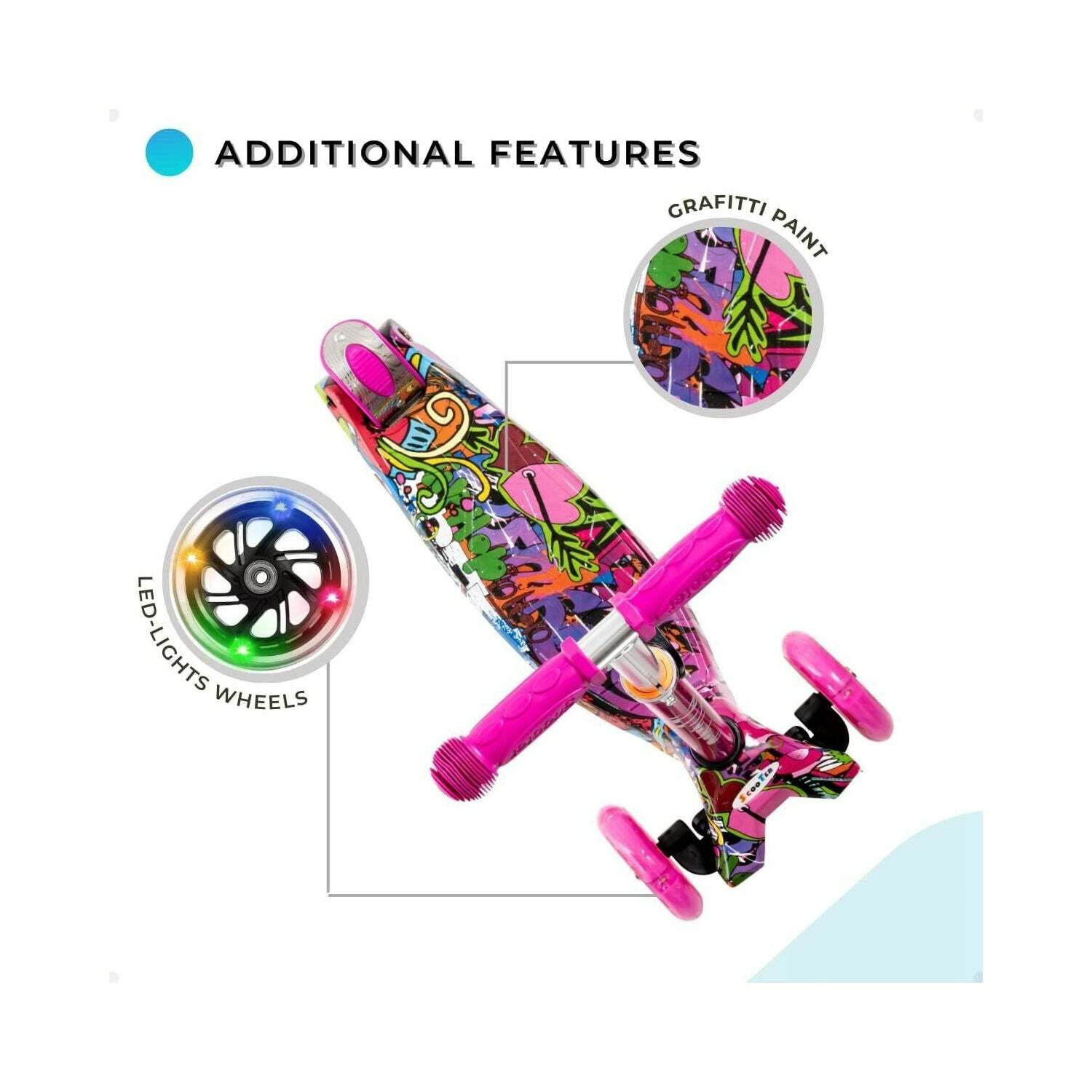 ROFFT - Kick Scooter Maxi, 3 Wheel, Lean-to-Steer, LED, Kids Ages 6-12 Graffiti Pink