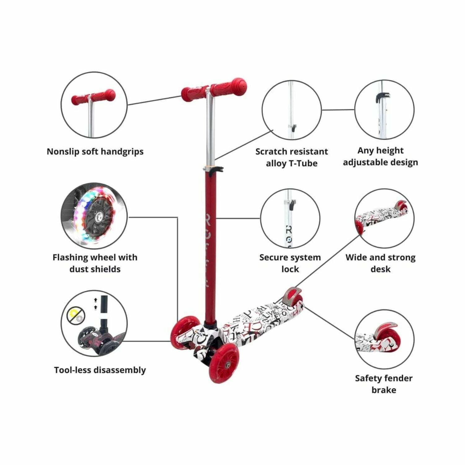 ROFFT - Kick Scooter Maxi, 3 Wheel, Lean-to-Steer, LED, Kids Ages 6-12 Graffiti Red