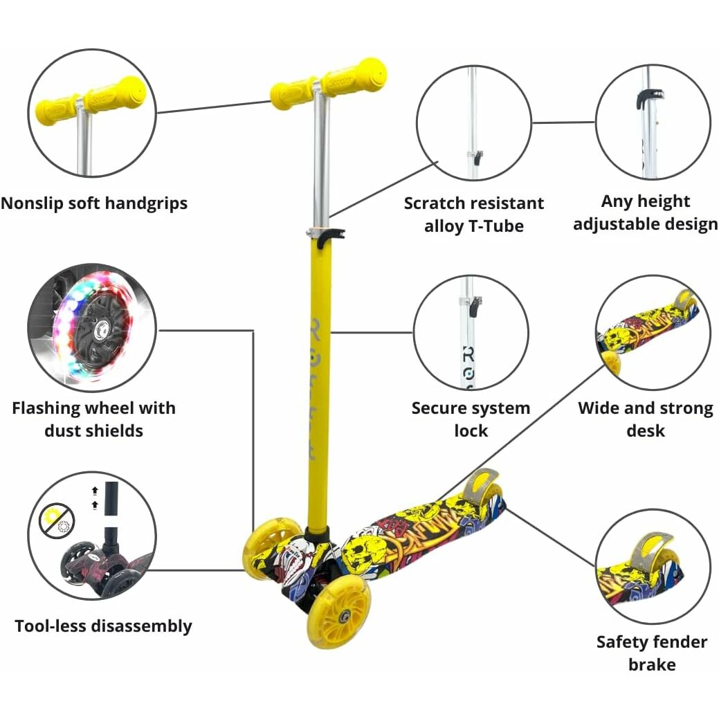 ROFFT - Kick Scooter Maxi, 3 Wheel, Lean-to-Steer, LED, Kids Ages 6-12 Graffiti Yellow