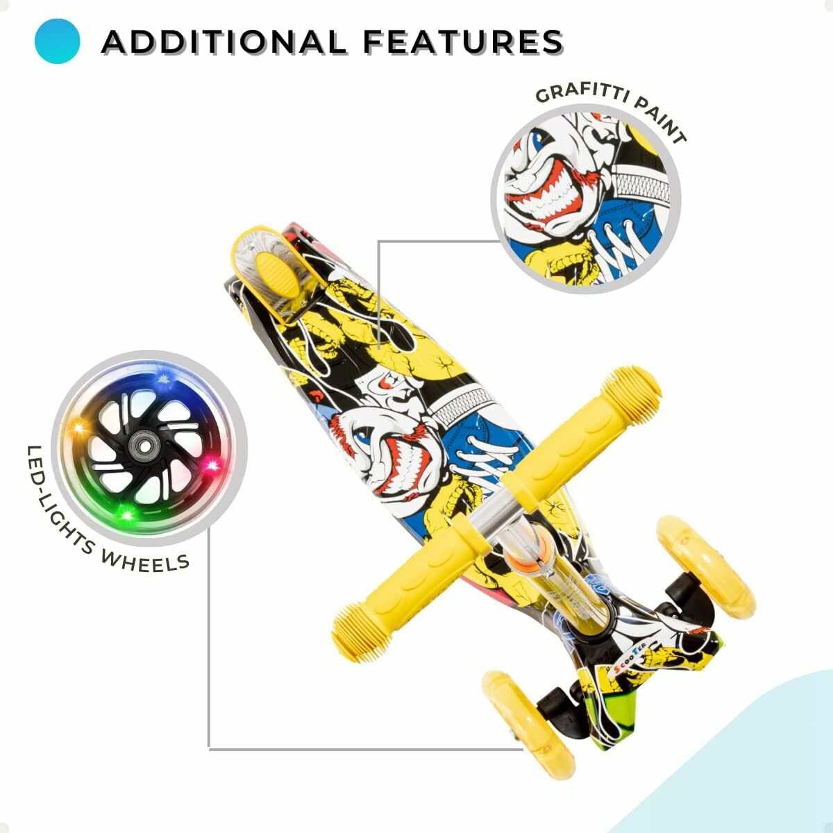 ROFFT - Kick Scooter Maxi, 3 Wheel, Lean-to-Steer, LED, Kids Ages 6-12 Graffiti Yellow