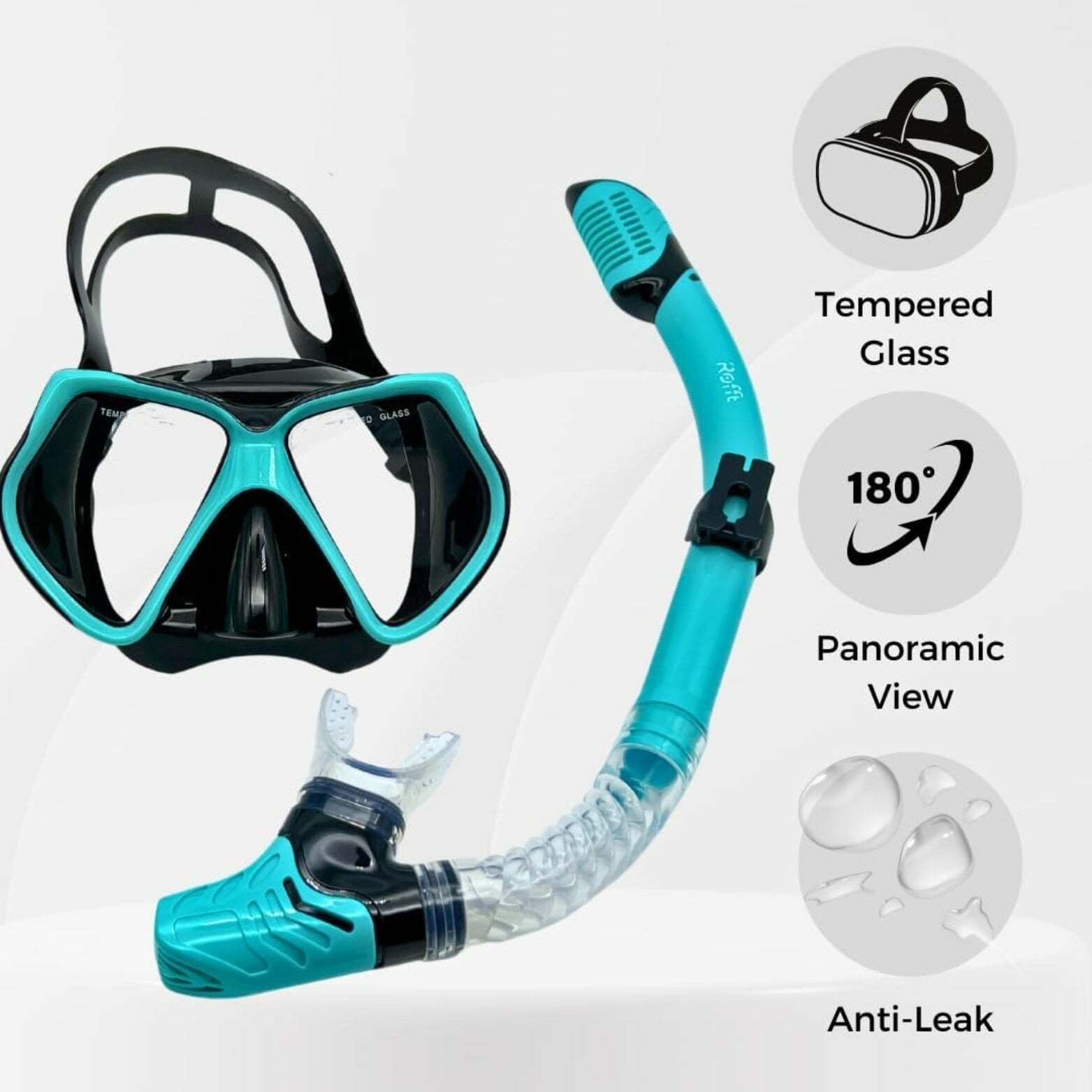 ROFFT Adult Snorkeling Set with Anti-Fog Tempered Glass Mask and Easy-Carry Bag - Aqua