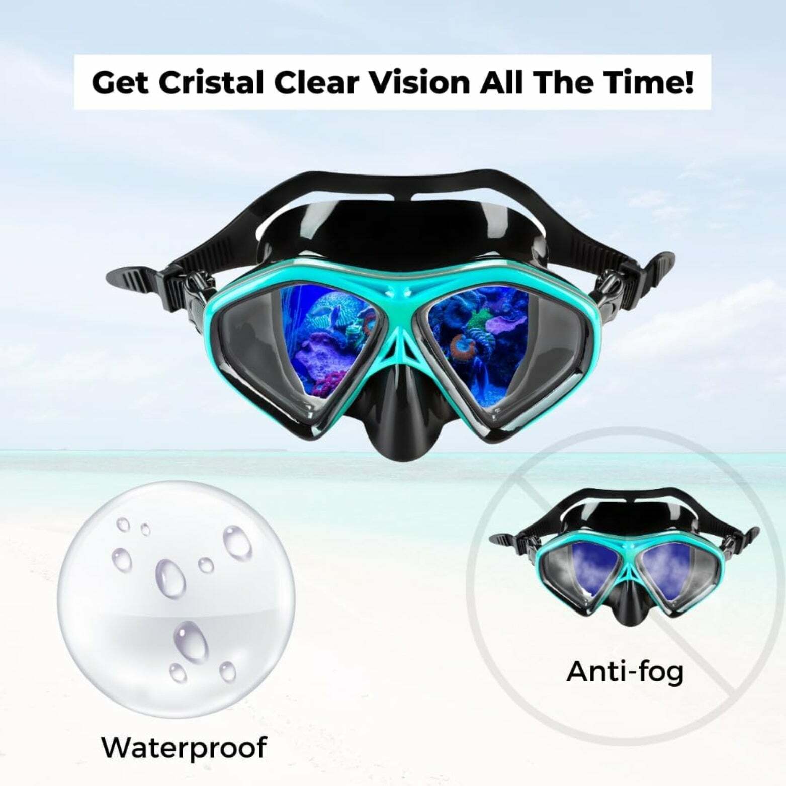 ROFFT Adult Snorkeling Set with Anti-Fog Tempered Glass Mask and Easy-Carry Bag - Aqua