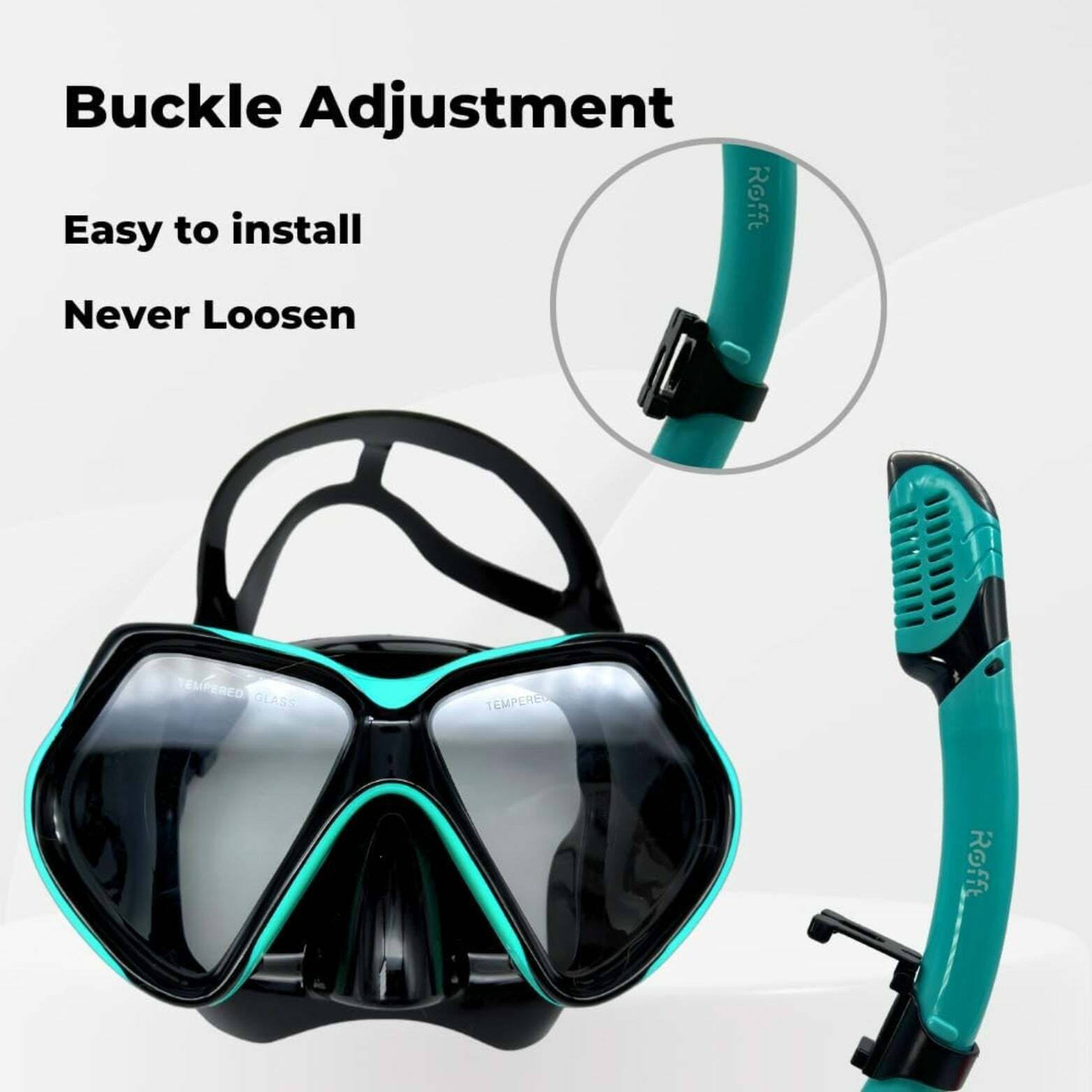 ROFFT Adult Snorkeling Set with Anti-Fog Tempered Glass Mask and Easy-Carry Bag - Aqua