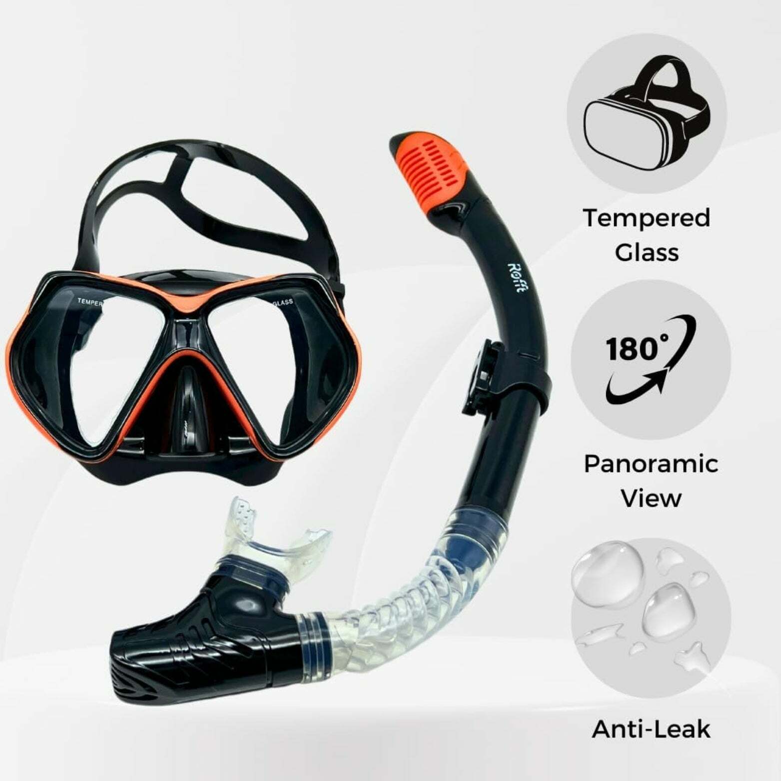 ROFFT Adult Snorkeling Set with Anti-Fog Tempered Glass Mask and Easy-Carry Bag - Black