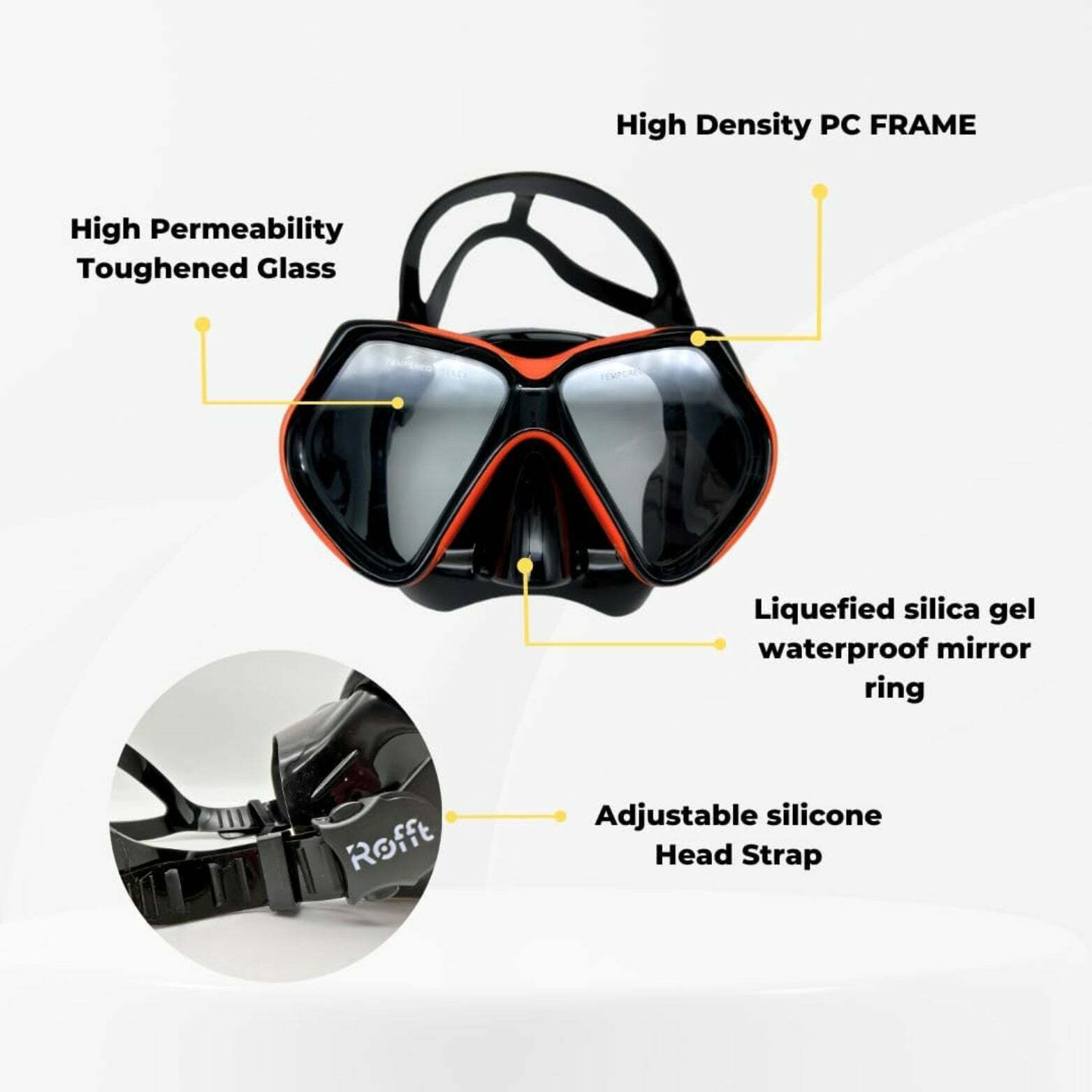 ROFFT Adult Snorkeling Set with Anti-Fog Tempered Glass Mask and Easy-Carry Bag - Black