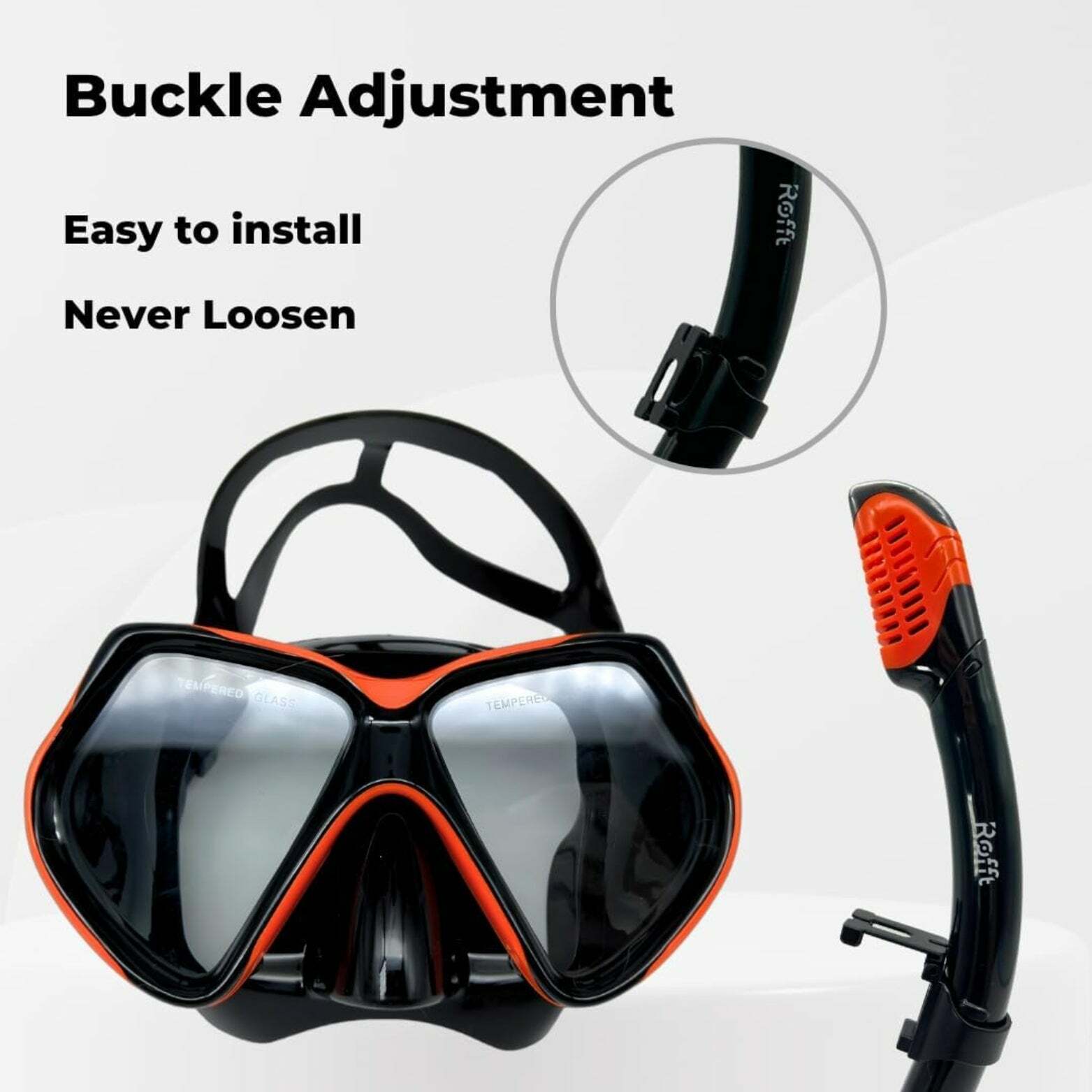 ROFFT Adult Snorkeling Set with Anti-Fog Tempered Glass Mask and Easy-Carry Bag - Black