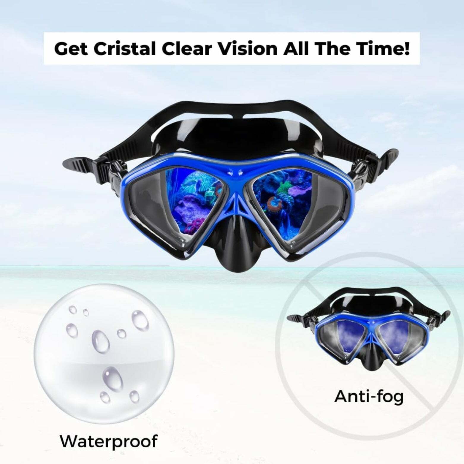 ROFFT Adult Snorkeling Set with Anti-Fog Tempered Glass Mask and Easy-Carry Bag - Blue