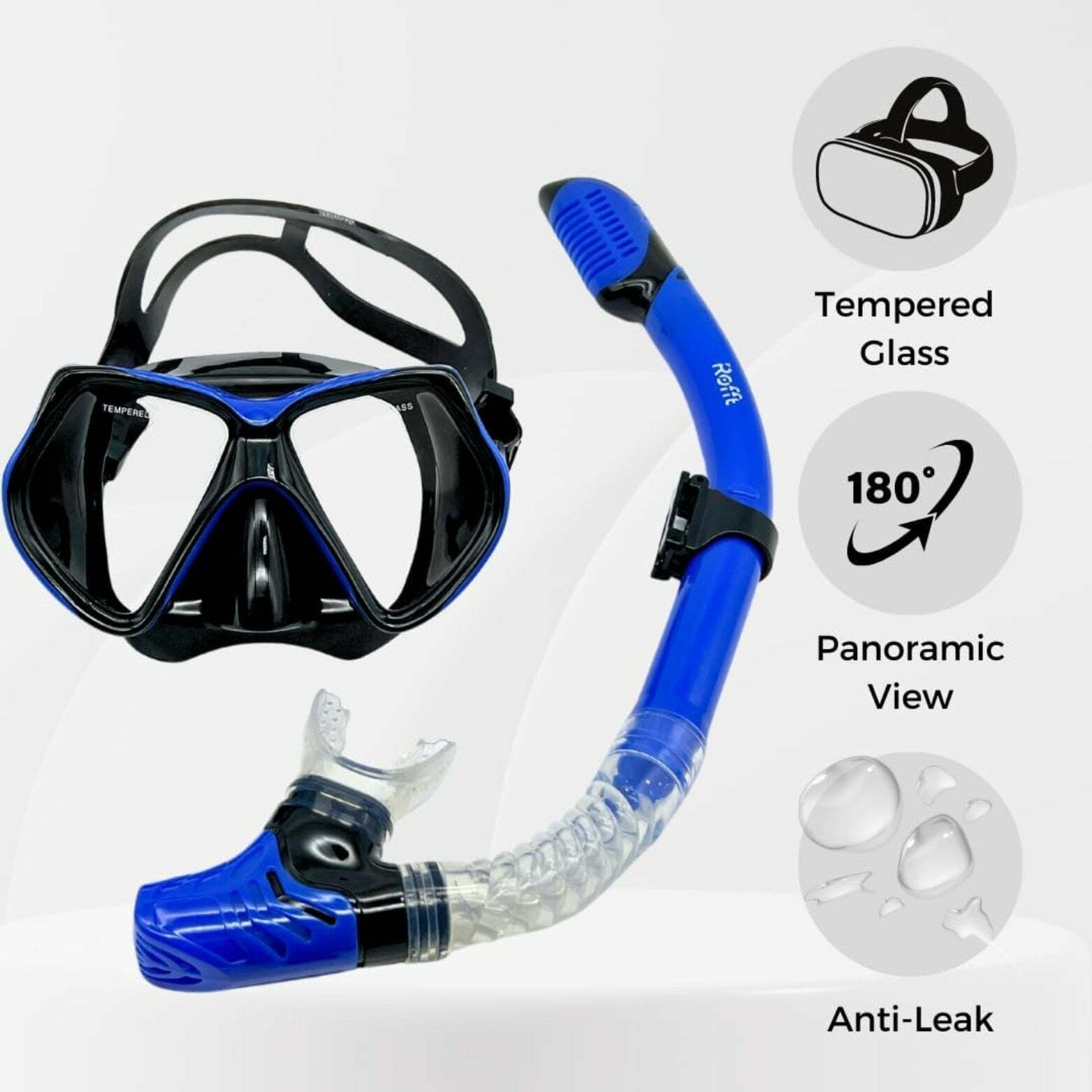 ROFFT Adult Snorkeling Set with Anti-Fog Tempered Glass Mask and Easy-Carry Bag - Blue