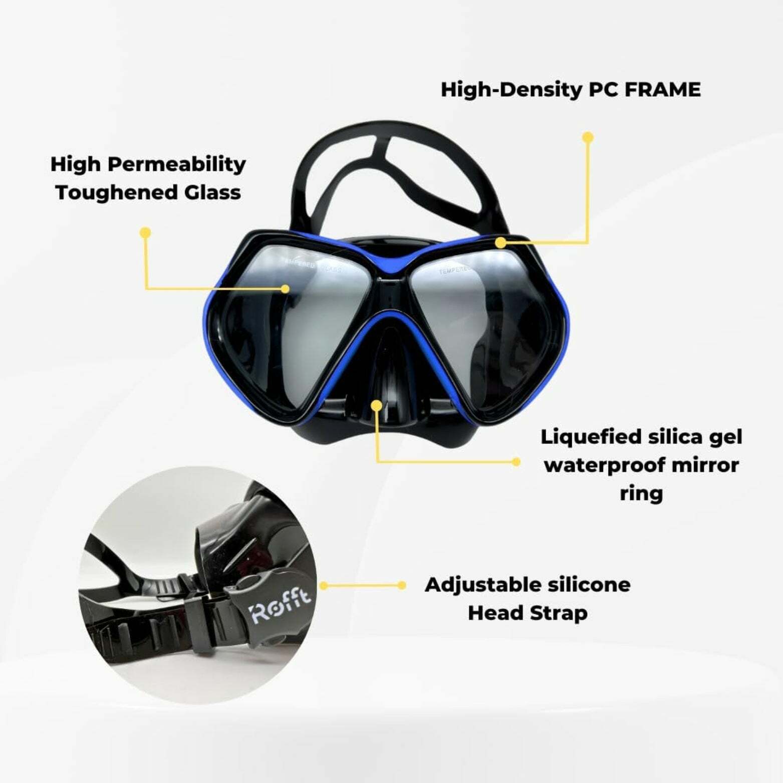 ROFFT Adult Snorkeling Set with Anti-Fog Tempered Glass Mask and Easy-Carry Bag - Blue