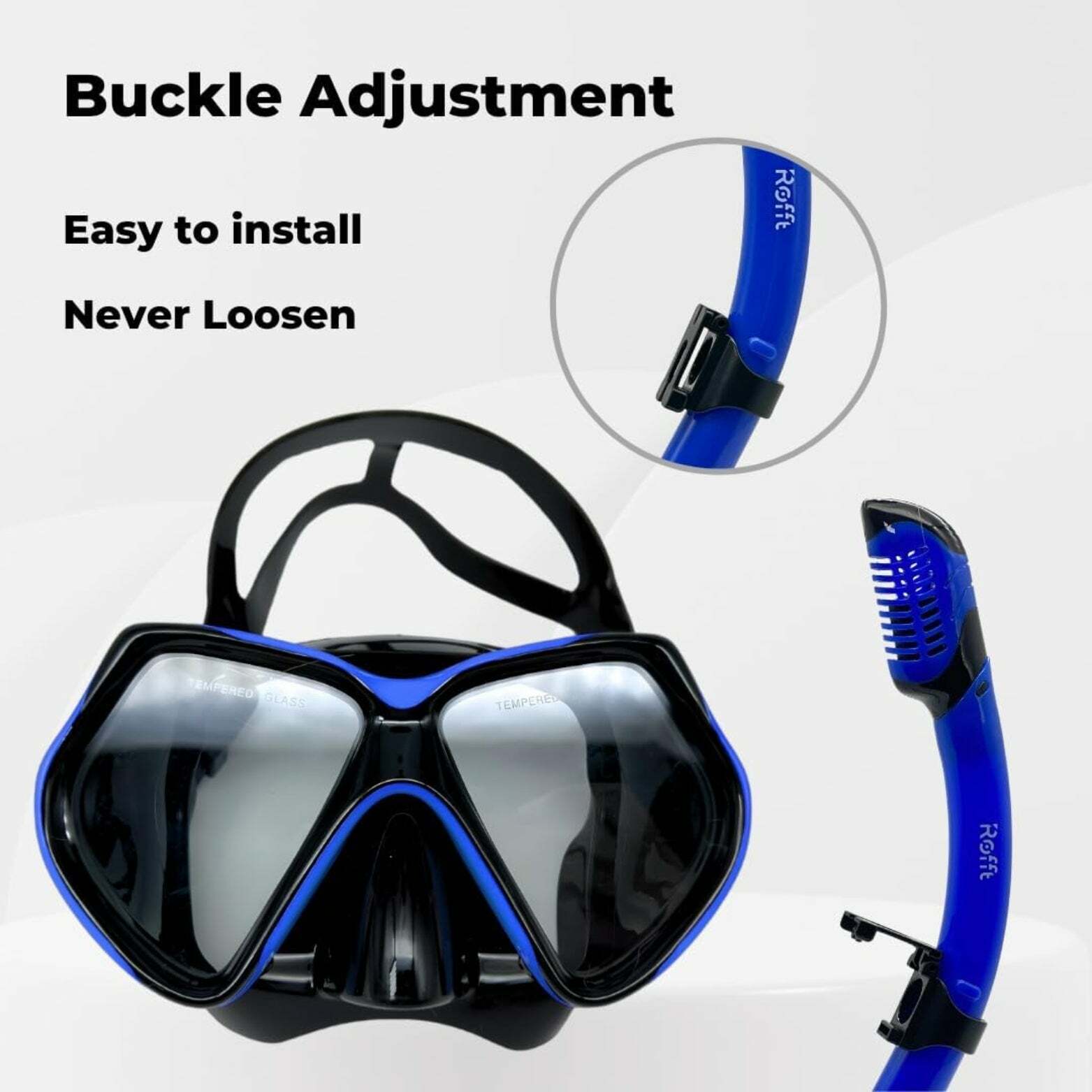 ROFFT Adult Snorkeling Set with Anti-Fog Tempered Glass Mask and Easy-Carry Bag - Blue