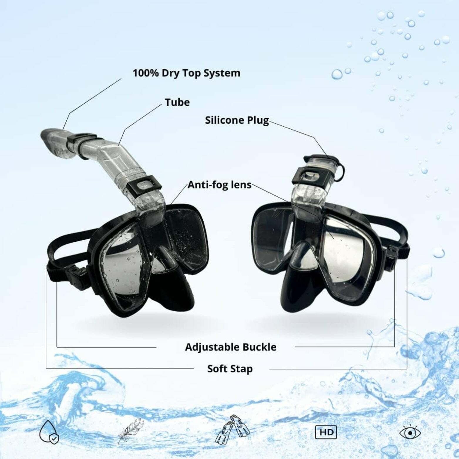 ROFFT Black Snorkel Mask - Foldable Dry Top Design with Anti-Fog, Leak-Proof Technology and Camera Mount, S/M - Black