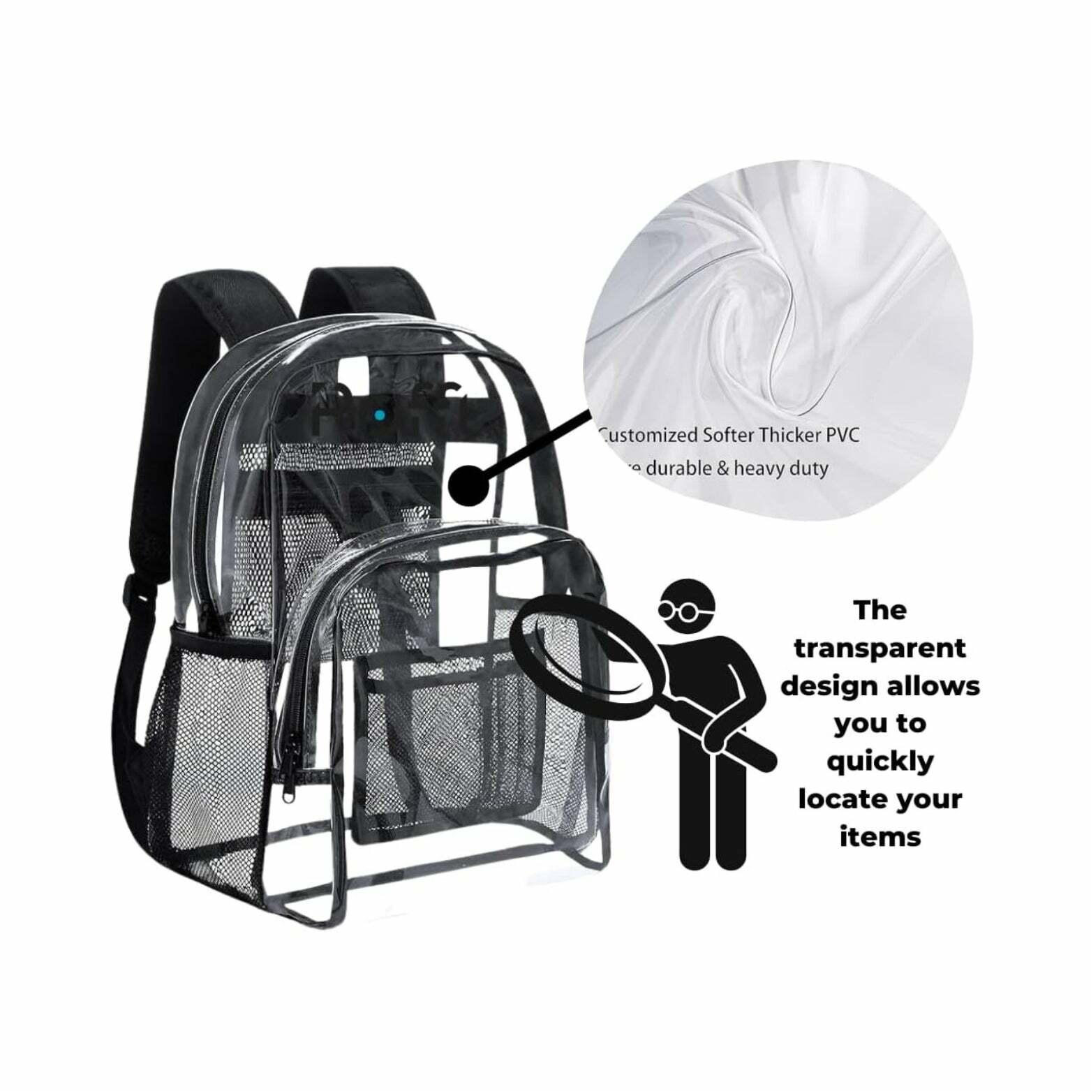 ROFFT Large Clear Backpack - Durable PVC with Reinforced Straps and Multiple Pockets, Black