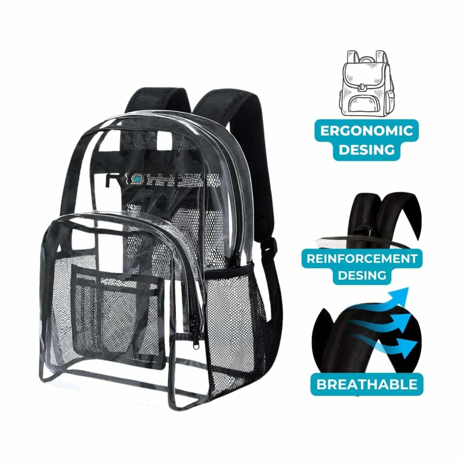 ROFFT Large Clear Backpack - Durable PVC with Reinforced Straps and Multiple Pockets, Black