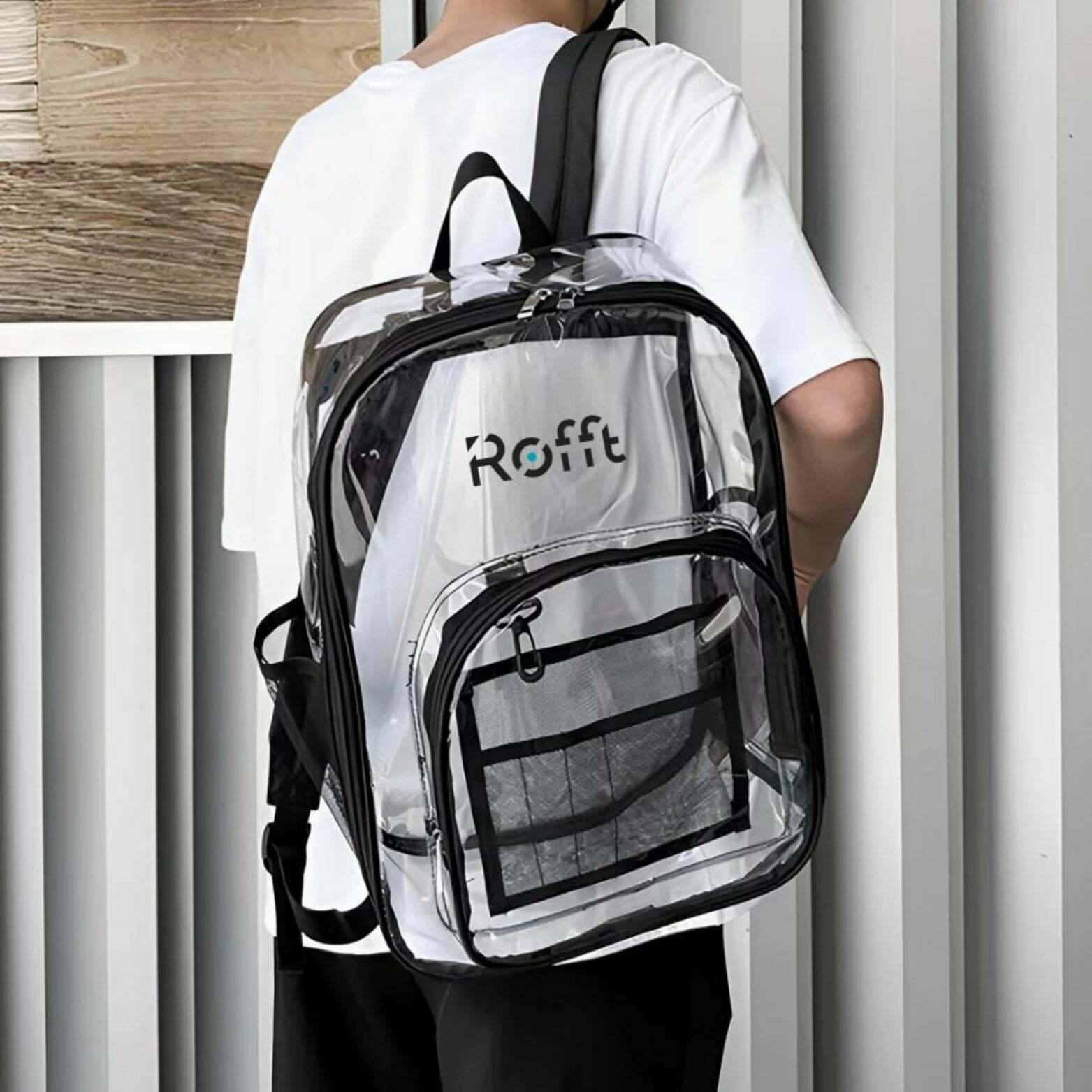 ROFFT Large Clear Backpack - Durable PVC with Reinforced Straps and Multiple Pockets, Black