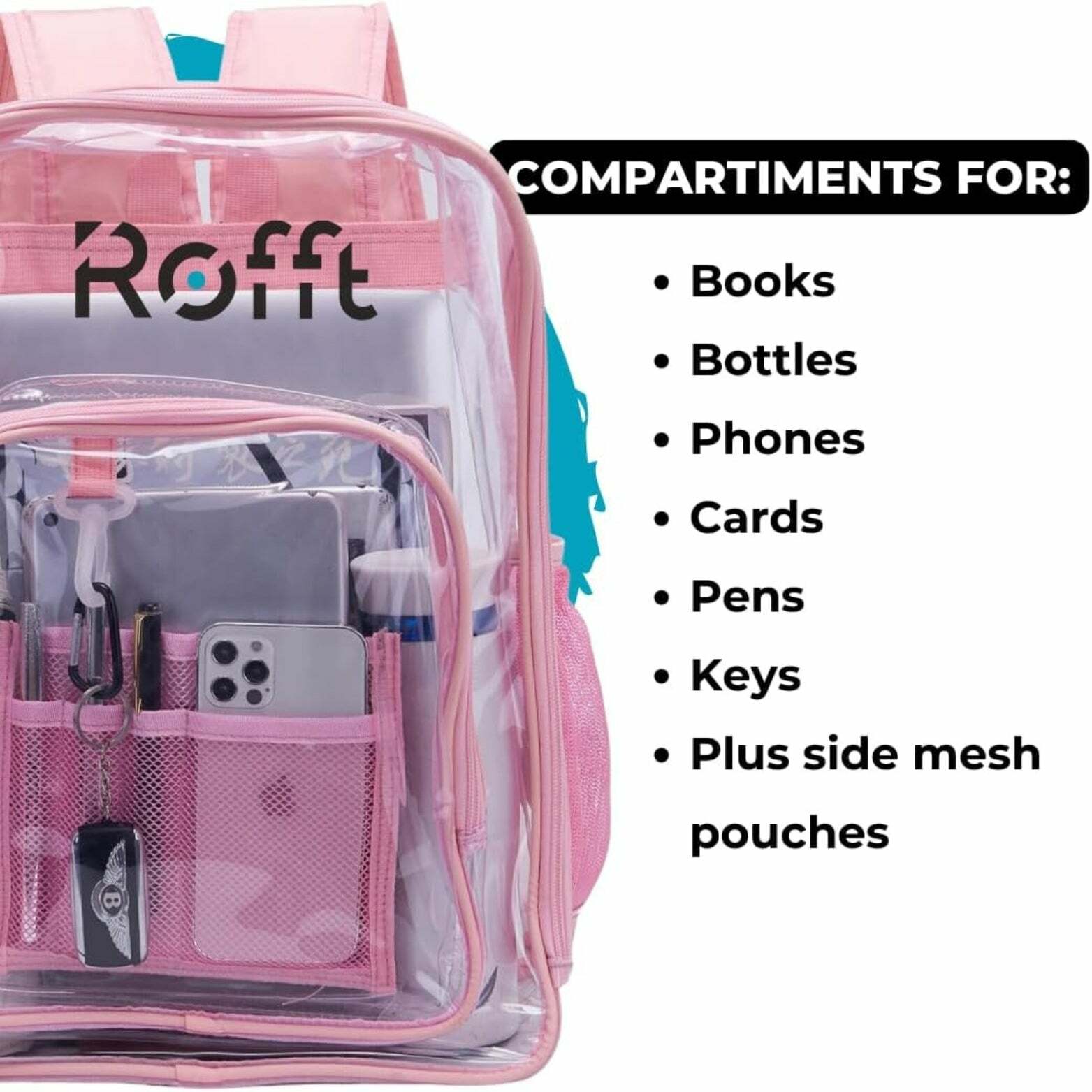 ROFFT Large Clear Backpack - Durable PVC with Reinforced Straps and Multiple Pockets, Pink