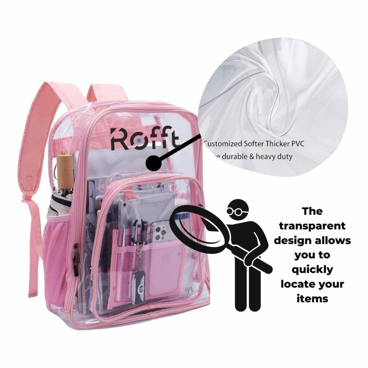 ROFFT Large Clear Backpack - Durable PVC with Reinforced Straps and Multiple Pockets, Pink