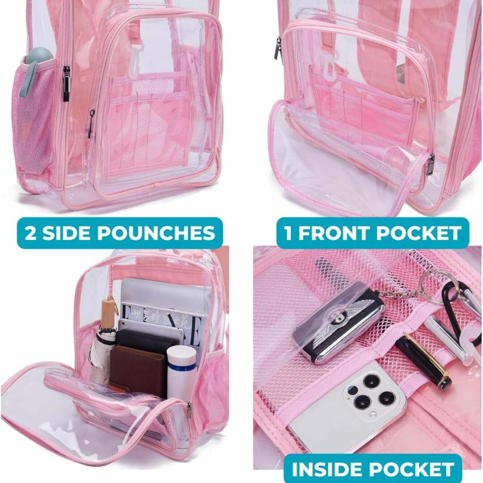 ROFFT Large Clear Backpack - Durable PVC with Reinforced Straps and Multiple Pockets, Pink