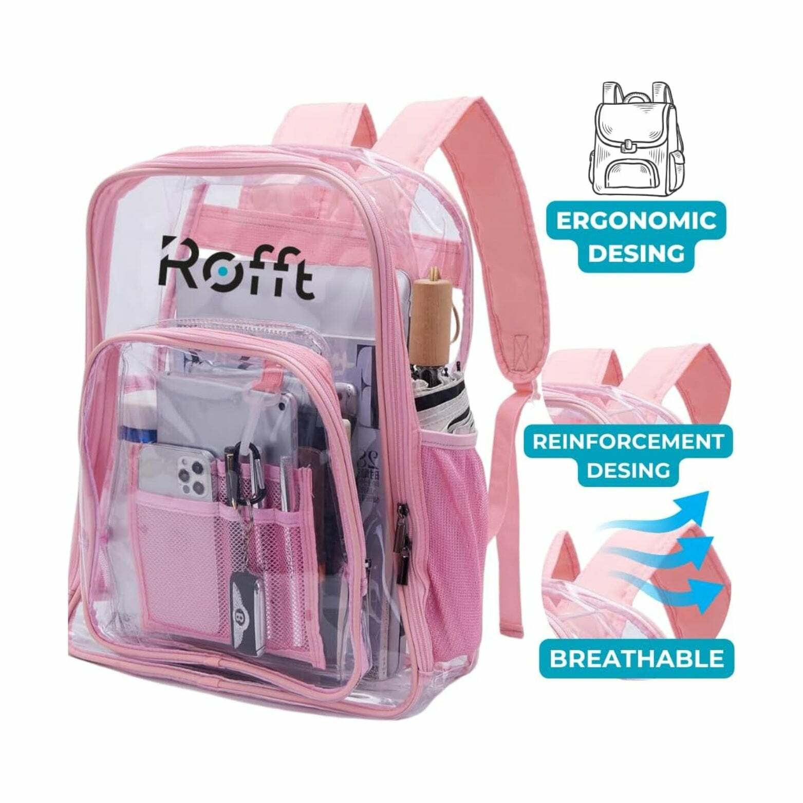 ROFFT Large Clear Backpack - Durable PVC with Reinforced Straps and Multiple Pockets, Pink