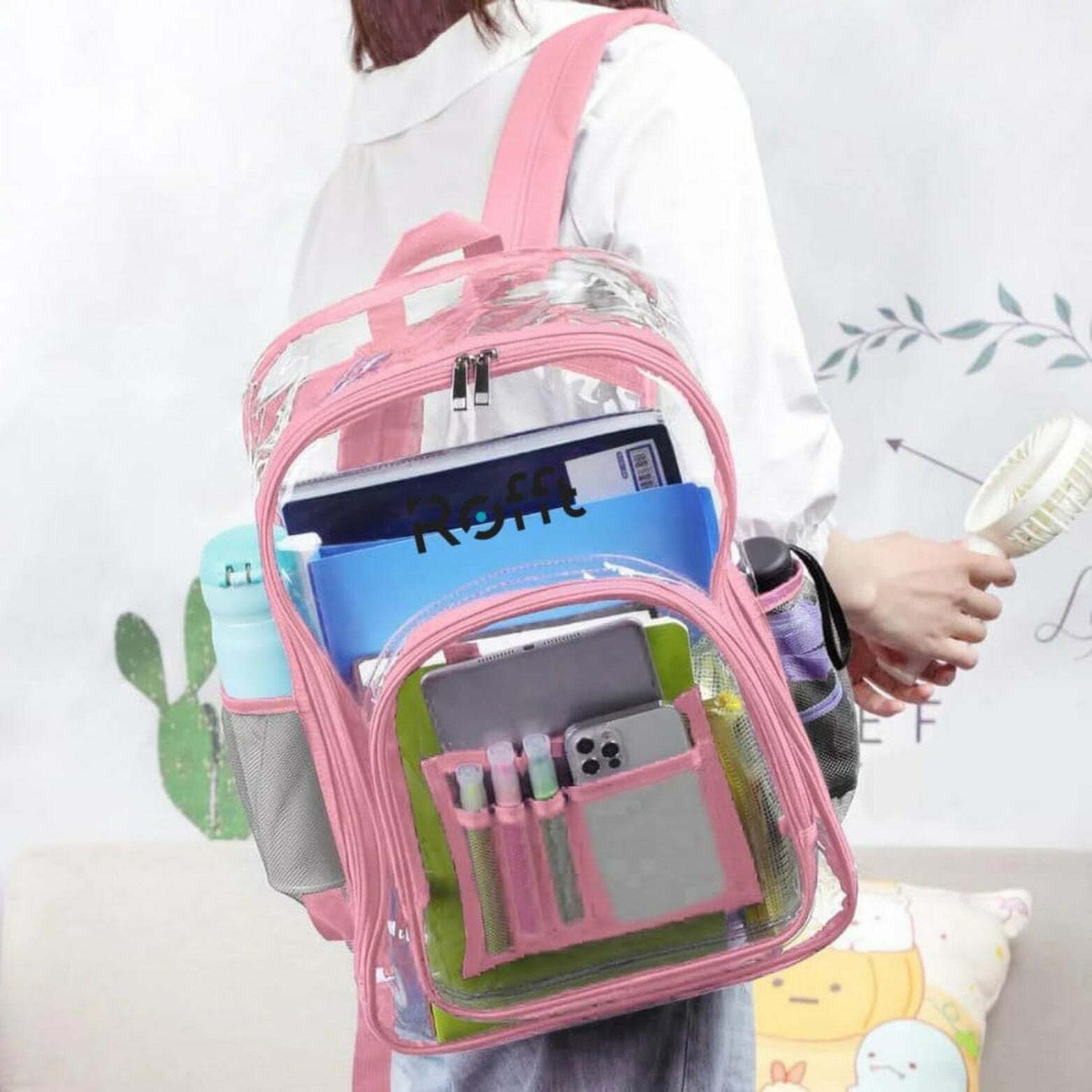 ROFFT Large Clear Backpack - Durable PVC with Reinforced Straps and Multiple Pockets, Pink