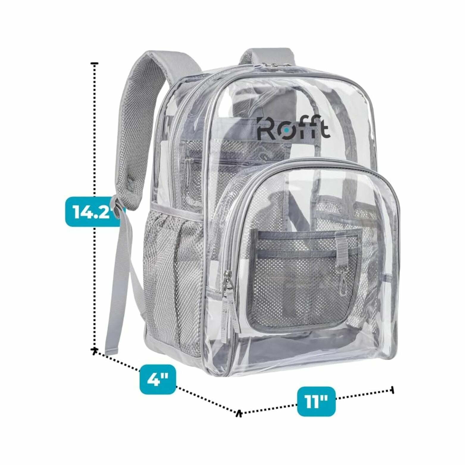 ROFFT Medium Clear Backpack - Durable PVC with Reinforced Straps and Multiple Pockets, Gray