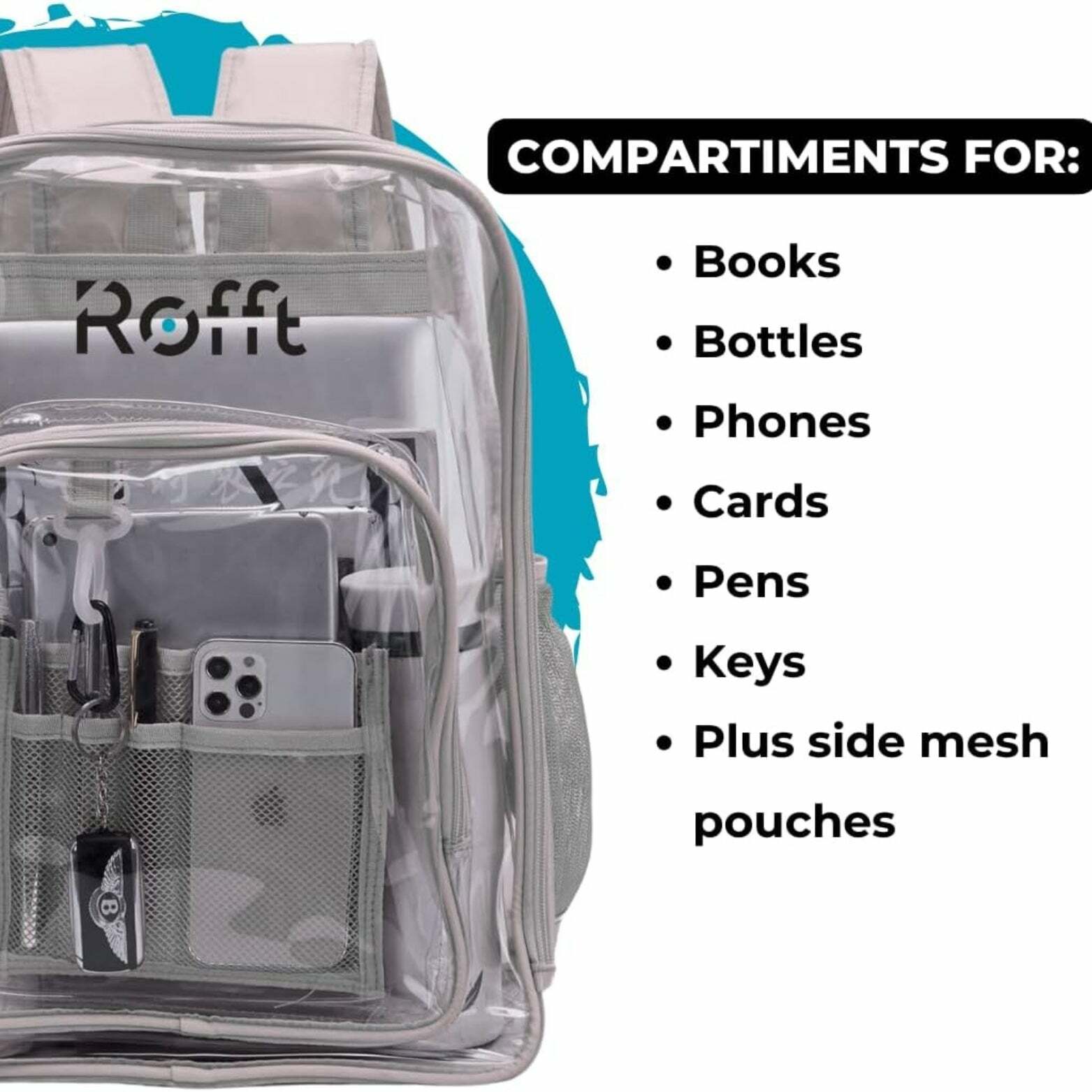 ROFFT Medium Clear Backpack - Durable PVC with Reinforced Straps and Multiple Pockets, Gray