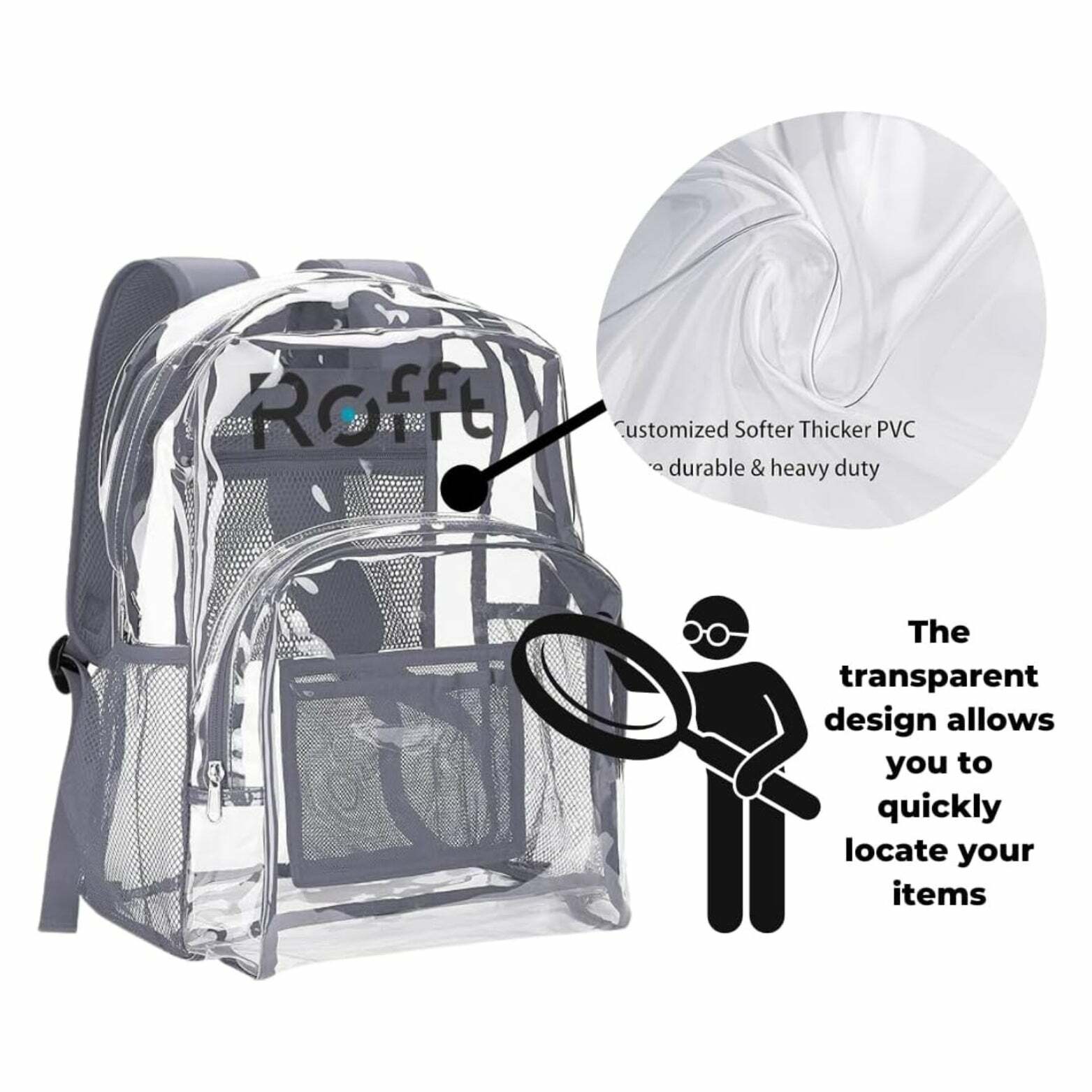 ROFFT Medium Clear Backpack - Durable PVC with Reinforced Straps and Multiple Pockets, Gray