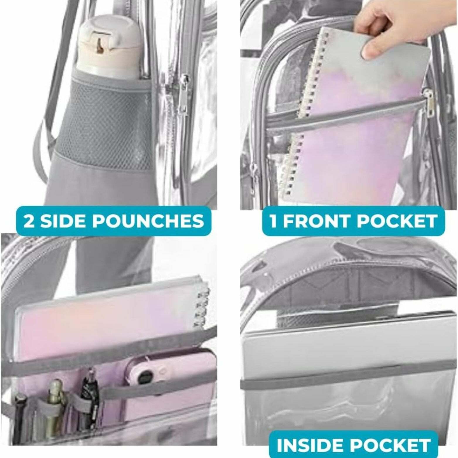 ROFFT Medium Clear Backpack - Durable PVC with Reinforced Straps and Multiple Pockets, Gray