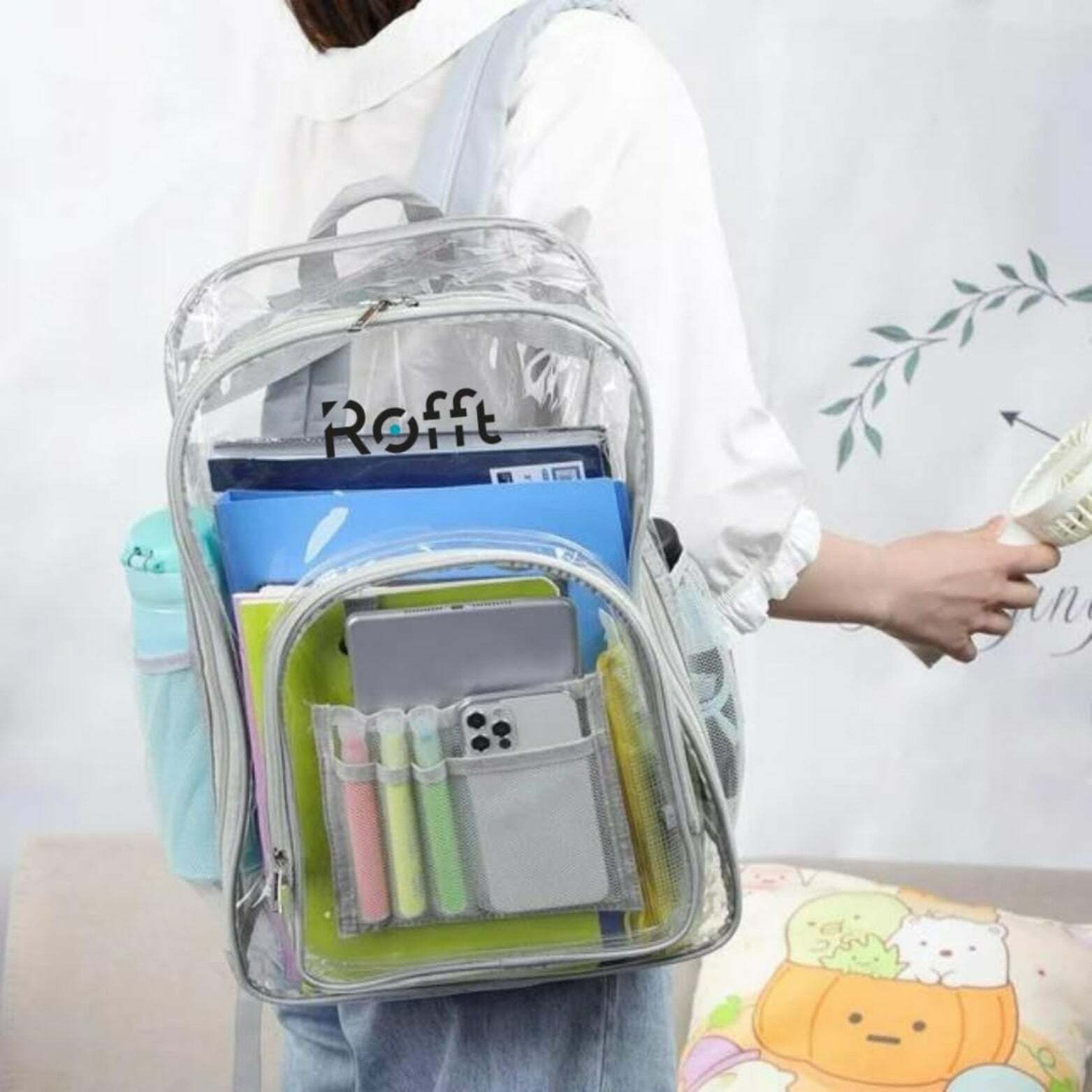 ROFFT Medium Clear Backpack - Durable PVC with Reinforced Straps and Multiple Pockets, Gray