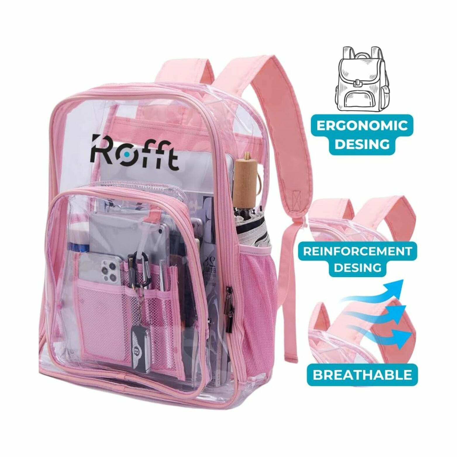 ROFFT Medium Clear Backpack - Durable PVC with Reinforced Straps and Multiple Pockets, Pink