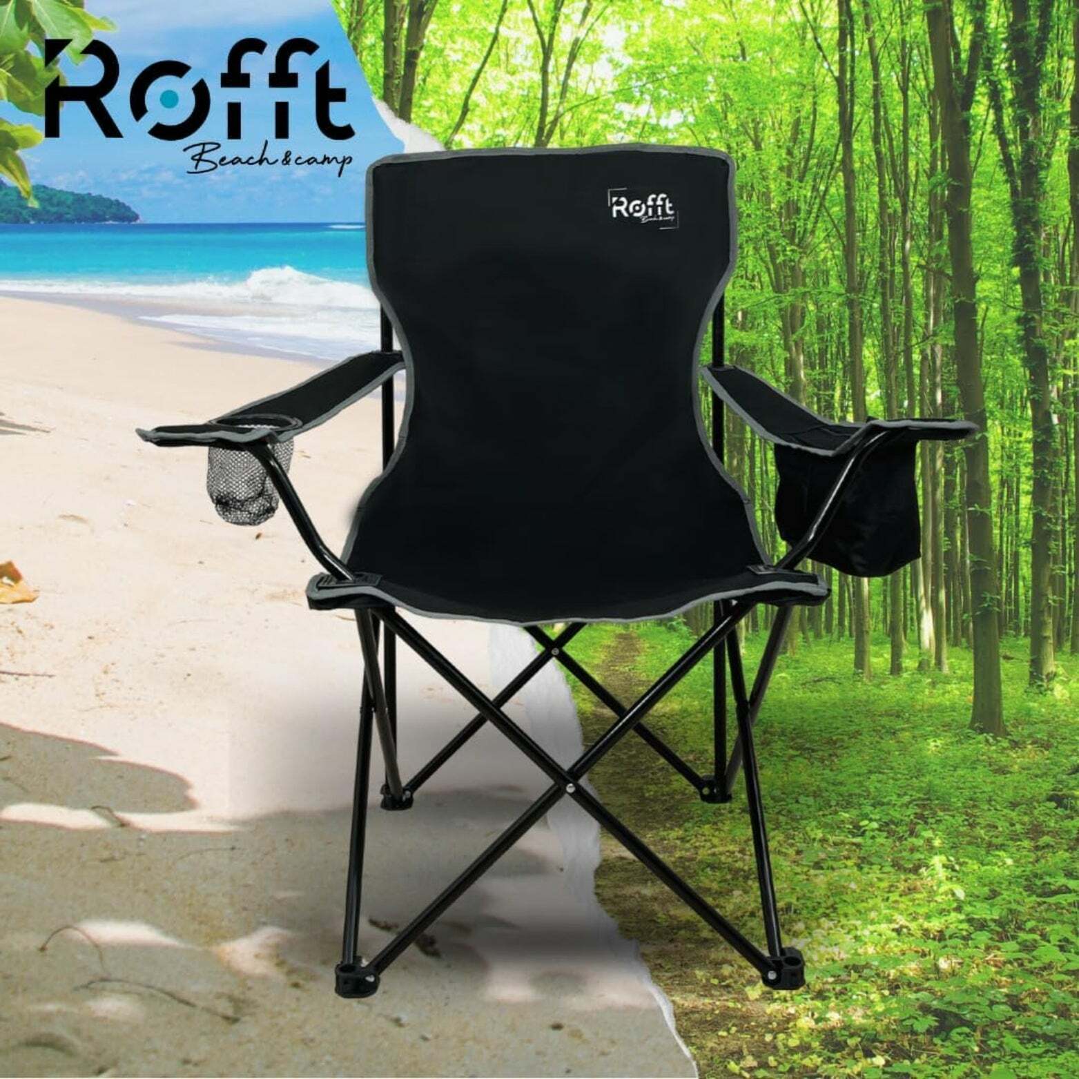 ROFFT Portable Camping Chair - Cooler Pocket, Cup Holder, Alloy Steel Frame - Black