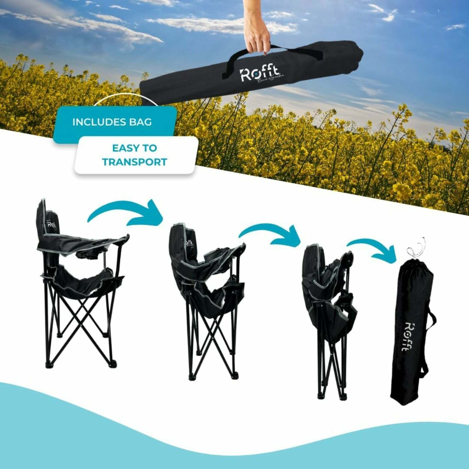 ROFFT Portable Camping Chair - Cooler Pocket, Cup Holder, Alloy Steel Frame - Black