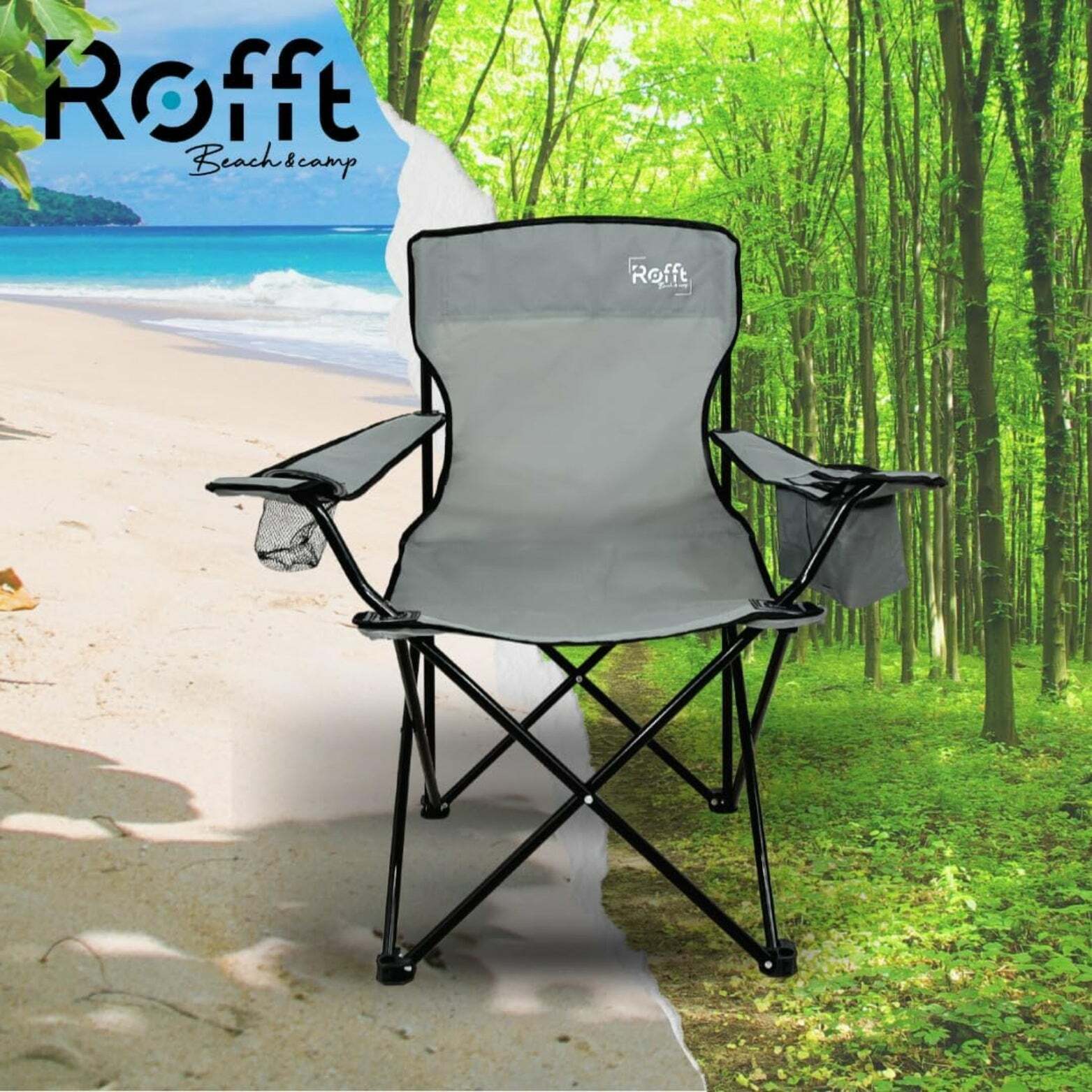 ROFFT Portable Camping Chair - Cooler Pocket, Cup Holder, Alloy Steel Frame - Gray