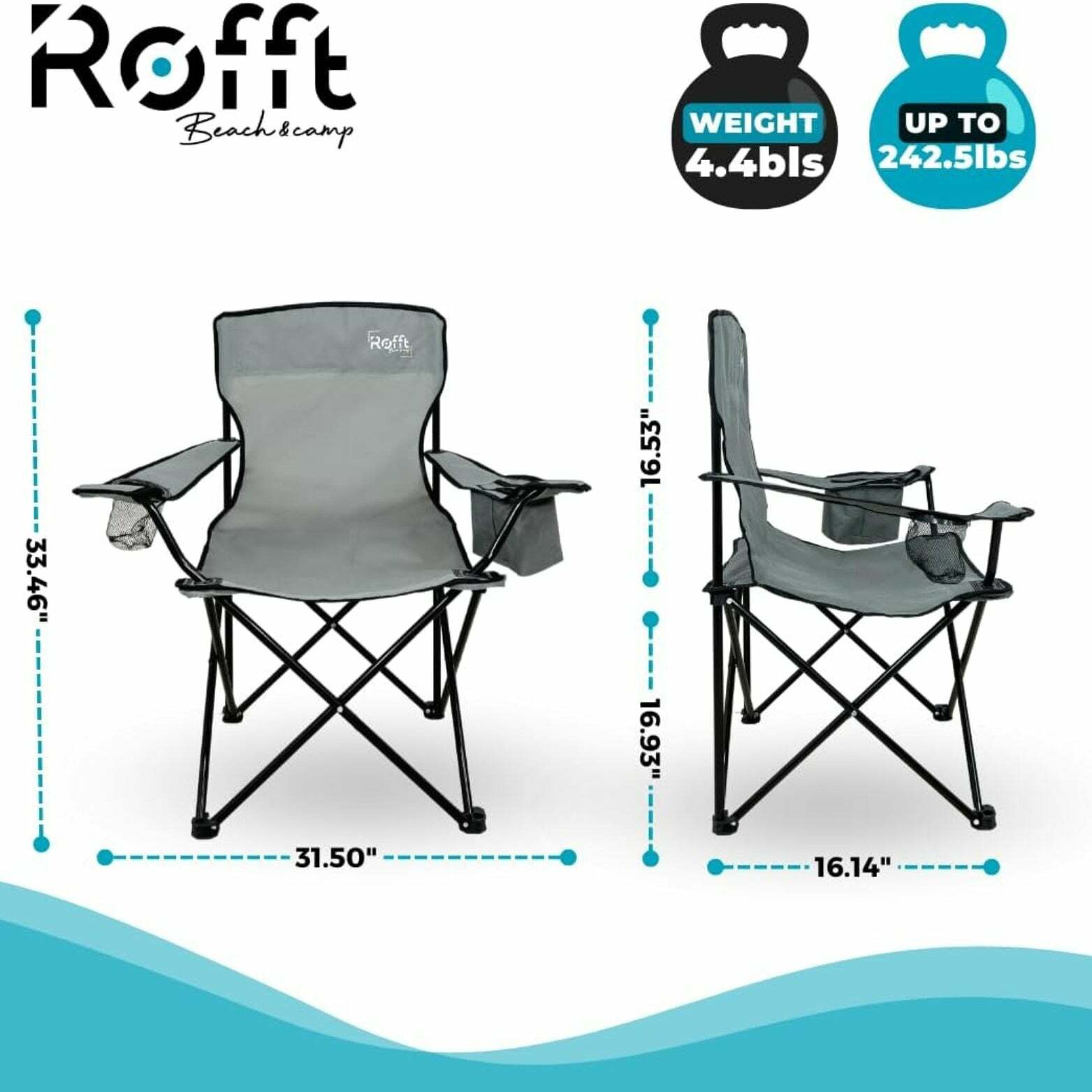 ROFFT Portable Camping Chair - Cooler Pocket, Cup Holder, Alloy Steel Frame - Gray