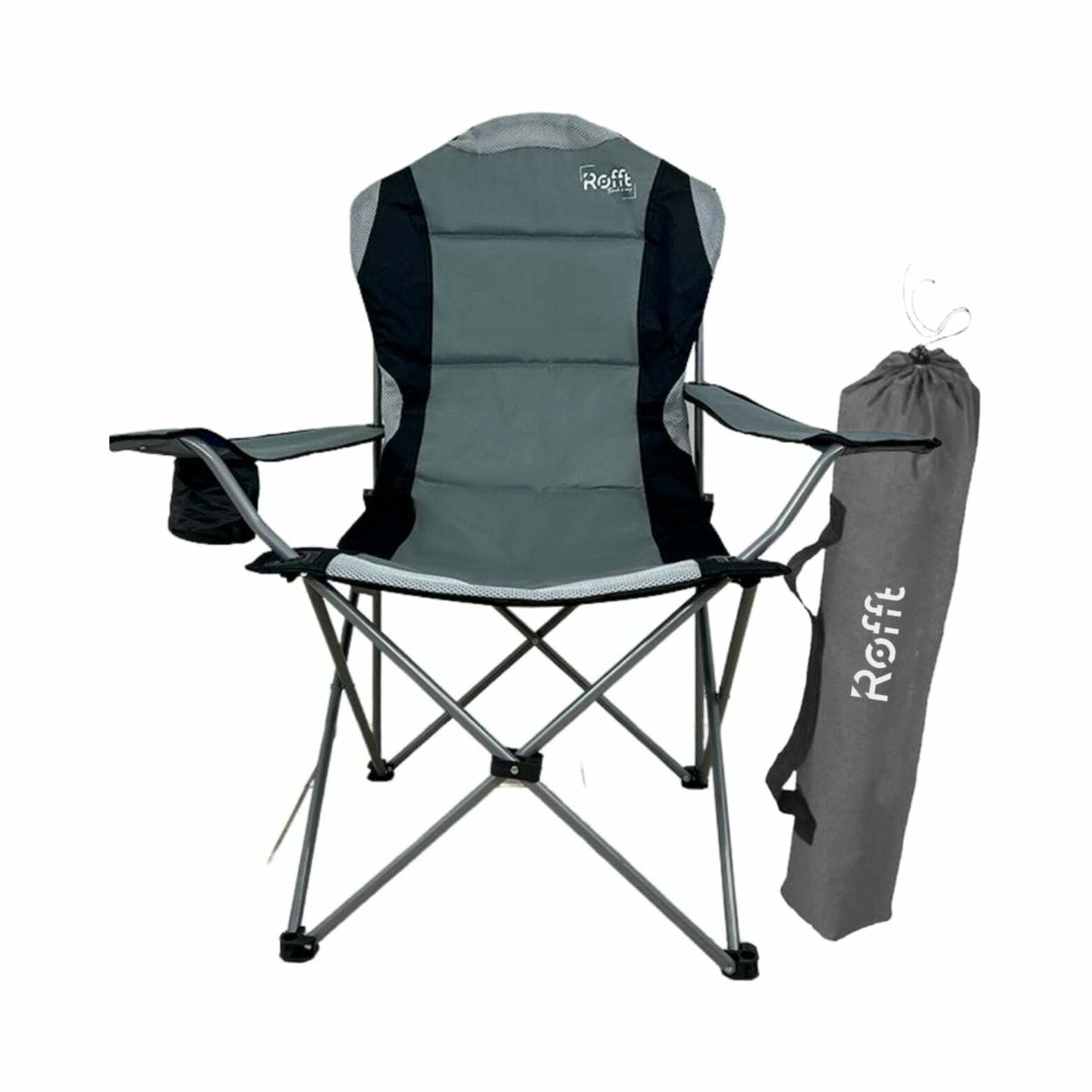 ROFFT Portable Camping Chair with Cooler - Collapsible, Comfort Padded, Cup Holder, Carry Bag Included, Grey