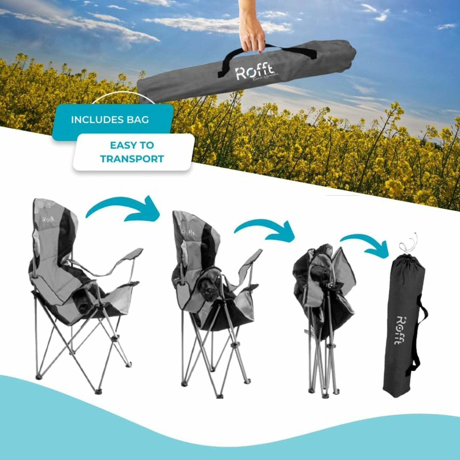 ROFFT Portable Camping Chair with Cooler - Collapsible, Comfort Padded, Cup Holder, Carry Bag Included, Grey