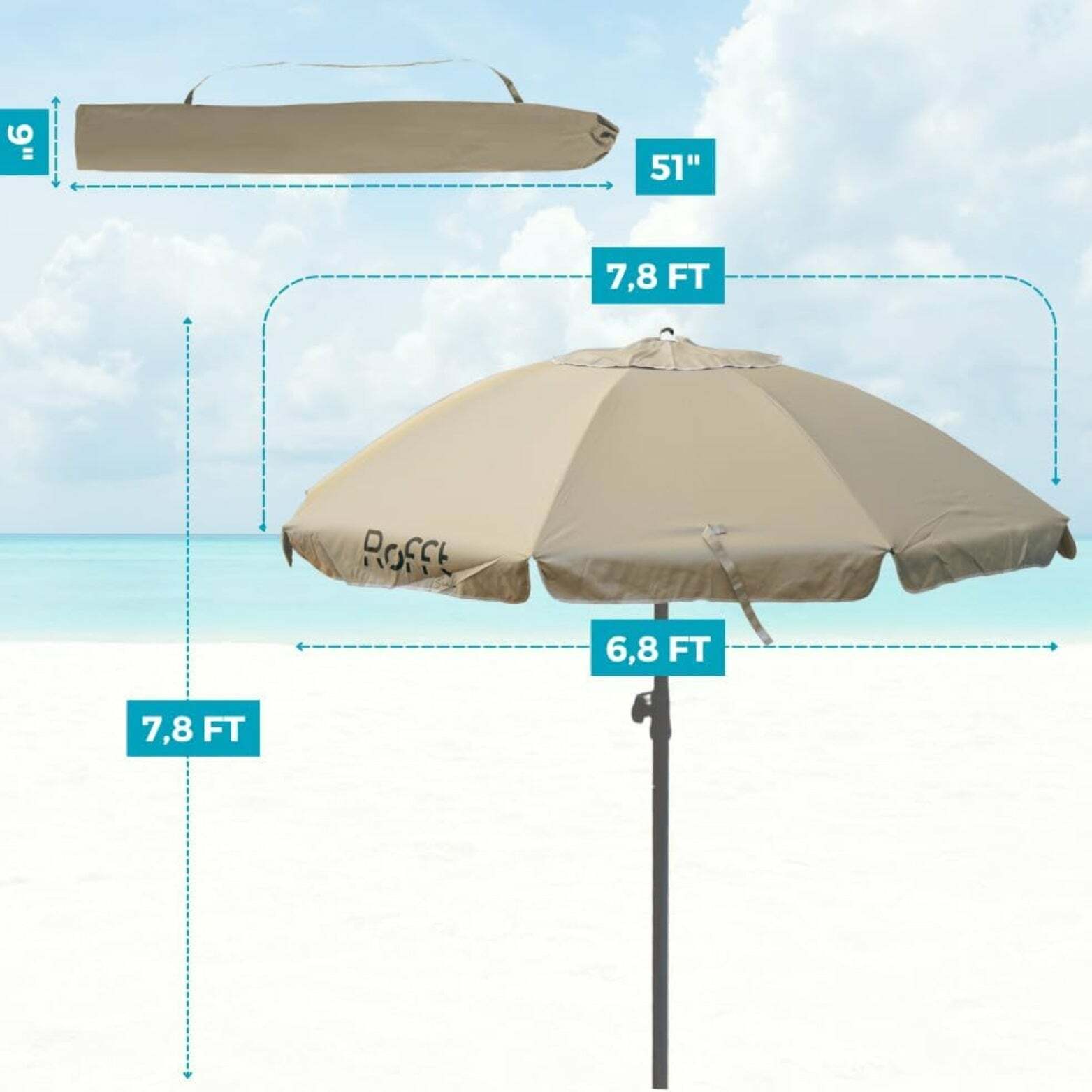 ROFFT Sturdy Beach Umbrella with UV Protection and Windproof Design - 6.5 Ft Coverage, Steel & Aluminum Pole, Tilt Adjustment - Beige