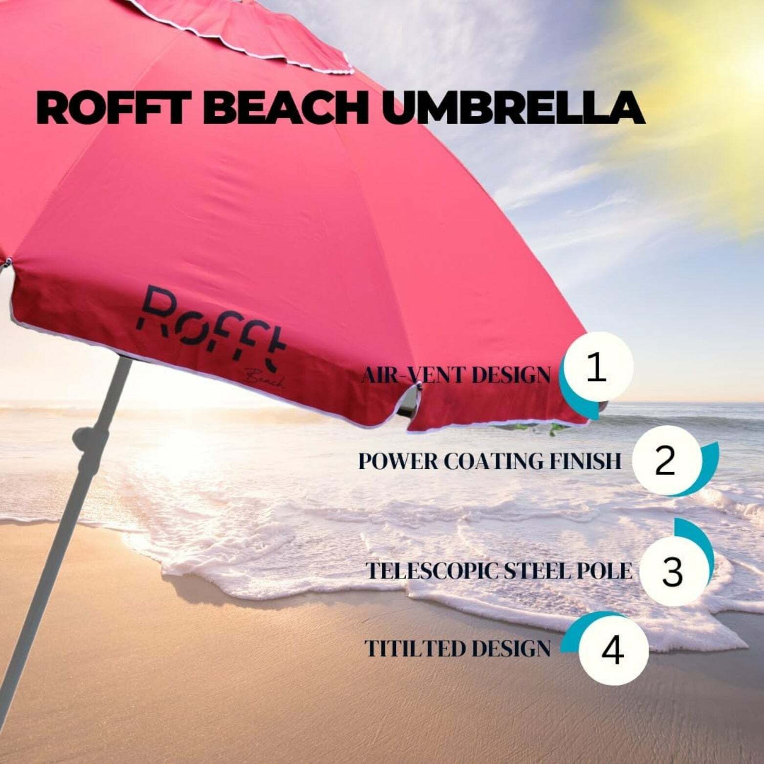 ROFFT Sturdy Beach Umbrella with UV Protection and Windproof Design - 6.5 Ft Coverage, Steel & Aluminum Pole, Tilt Adjustment - Red