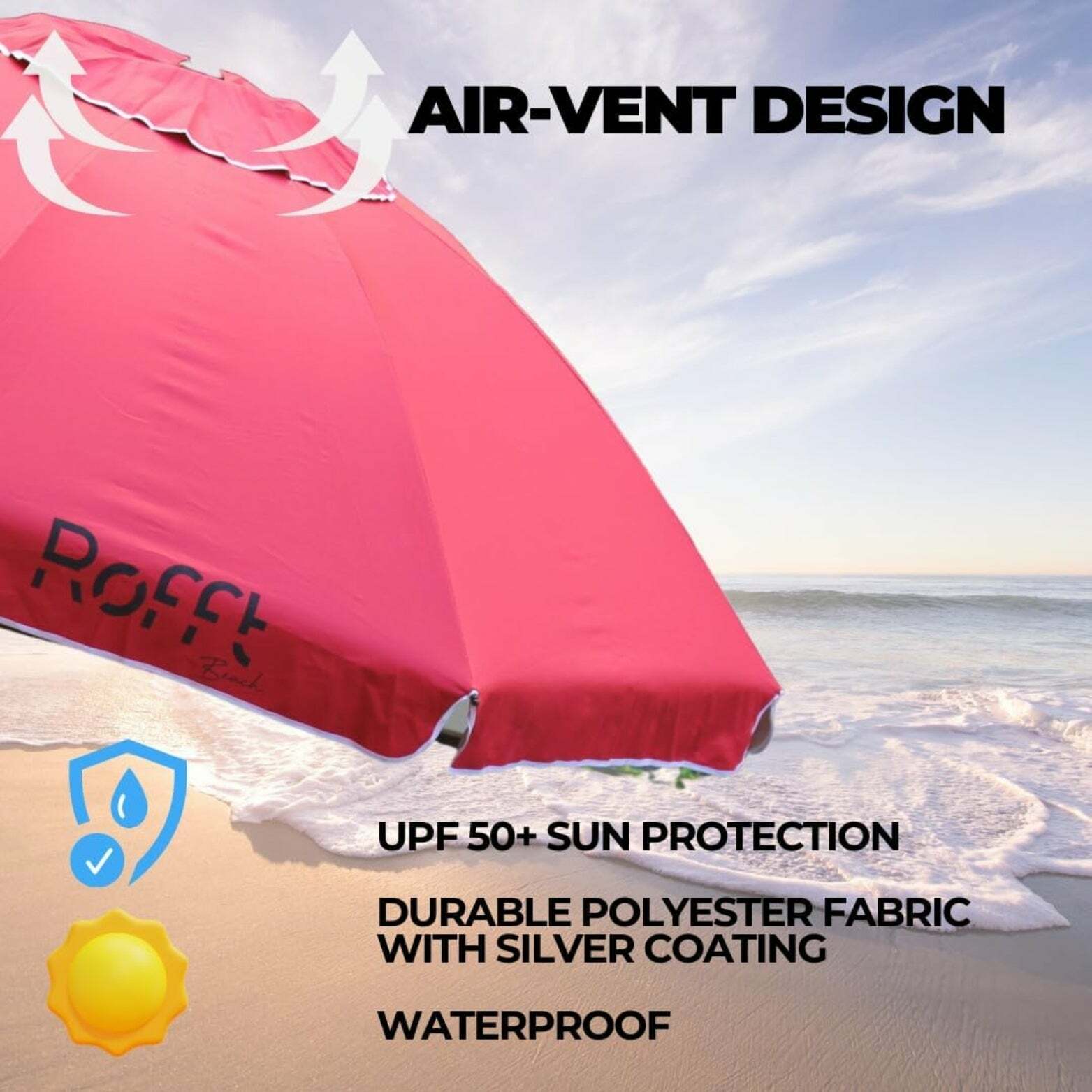 ROFFT Sturdy Beach Umbrella with UV Protection and Windproof Design - 6.5 Ft Coverage, Steel & Aluminum Pole, Tilt Adjustment - Red